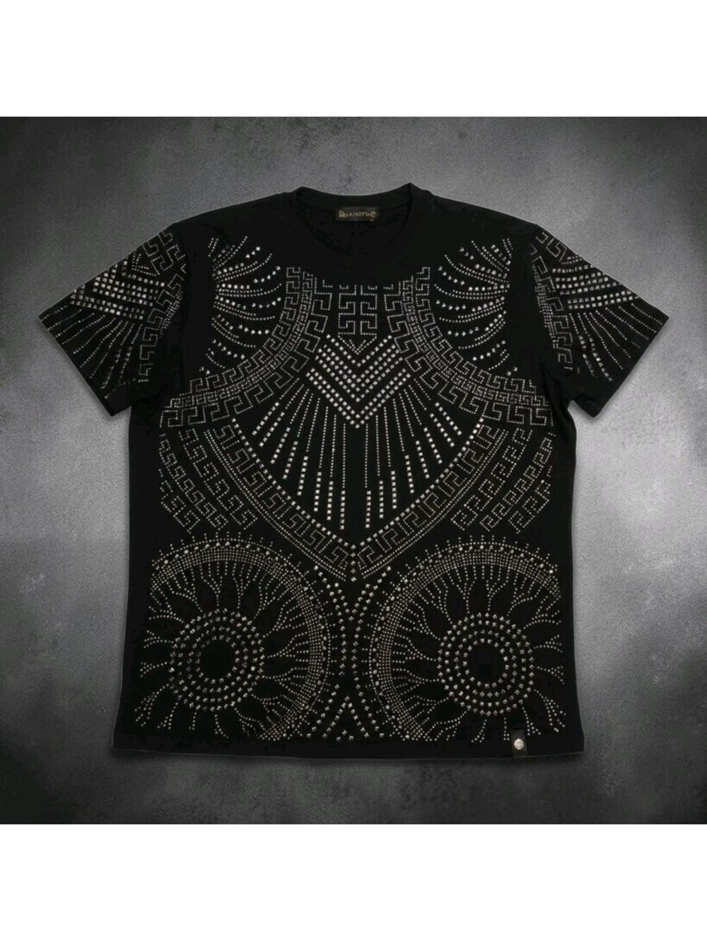 Laverita Mens Black Rhinestone Studded Crewneck T-Shirt Greek Key Graphic 3XL
